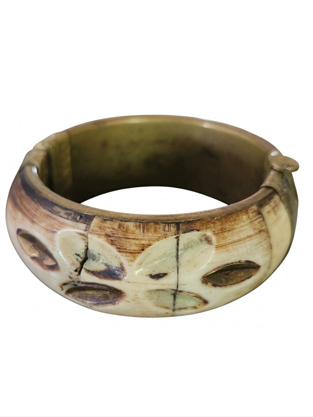 Vtg Boho Clamper Bracelet - Carved Bovine Bone & Brass Floral Design